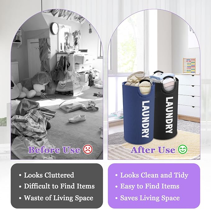 2Pcs 95L Collapsible Laundry Basket for Men, Tall Laundry Basket with Handles, Dirty Clothes Hamper in 600D Oxford Fabric, Freestanding Clothes Hampers for Bedroom, Dorm, Navy Blue + Black - Image 5