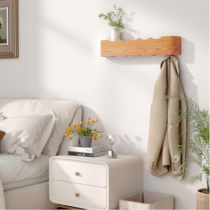 Wall Mounted Coat Rack with Shelf, Wooden Entryway Organizer with Hidden Metal Hooks for Hanging Coats Bags Keys, Modern Floating Shelf for Hallway Bathroom - Image 9