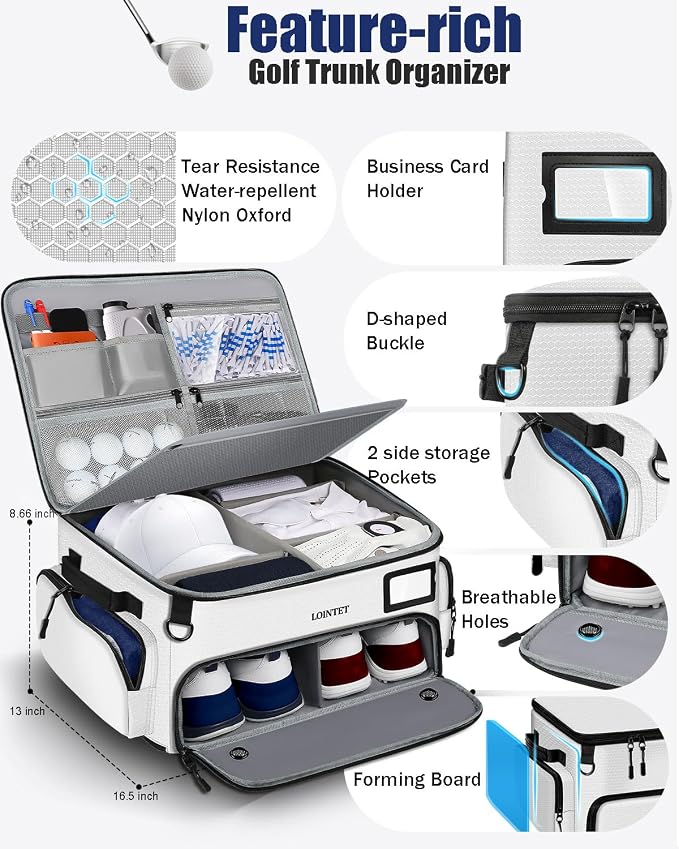 LOINTET Golf Trunk Organizer, Waterproof Car Golf Locker with Separate Ventilated Compartment for 2 Pair Shoes, Golf Storage for Balls, Tees, Cap, Clothes, Gloves, Accessories, Gifts for Men, Women - Image 3