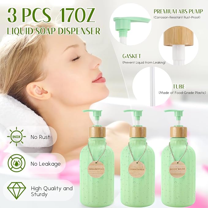 XLHOMO Green Bathroom Accessories Set 17PCS Bathroom Set with Trash Can 3PCS Lotion Soap Dispenser, Toothbrush Holder, 6PCS Wood Tags Bath Accessories with Tray for Kitchen Bathroom - Image 2