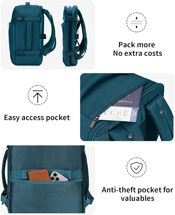 ECOHUB Travel Backpack for Men, 18x14x8 Frontier Airlines Personal Item Bag with Clear Toiletry Bag, Laptop Carry on Backpack with USB Port, Airline Approved Under Seat 14 Pockets, Blue Green - Image 8