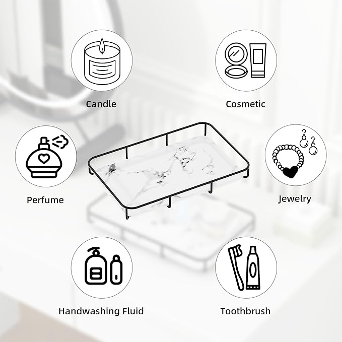 Dobbyby Vanity Tray Makeup Organizer Cosmetics Storage Bathroom Skincare Organizer Countertop Display Rack in Dresser Stainless Steel Shelf Marble Print Ceramic Trays - Image 3