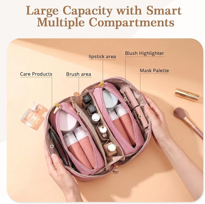 Travel Makeup Bag for Women: 3-in-1 Large Capacity Cosmetics Organizer with 2 Detachable Pouch - Vegan Leather Flat Open Toiletry Bag - Travel Essentials for Full-Sized Bottles(02-Pink) - Image 3