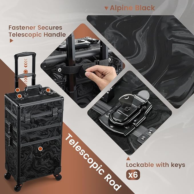 FRENESSA 3 in 1 Rolling Makeup Case Cosmetology Case on Wheels Alpine Black | Cosmetic Trolley Large Storage with Keys 360° Swivel Salon Barber Case Traveling Cart Trunk for Artist Hairstylists Nail Tech - Image 5