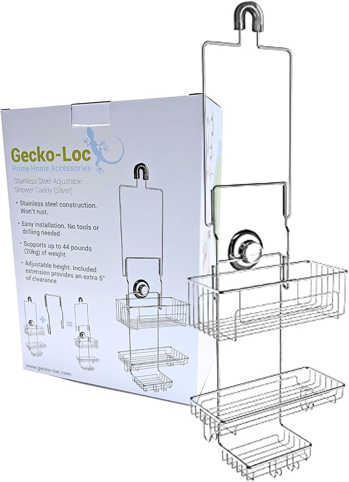 Gecko-Loc Extra Long Adjustable Length over the showerhead hanging shower caddy - bathroom caddies - for Shampoo, Soap, & Razors - Silver by Gecko-Loc