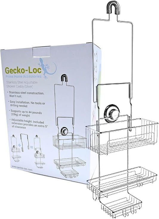 Gecko-Loc Extra Long Adjustable Length over the showerhead hanging shower caddy - bathroom caddies - for Shampoo, Soap, & Razors - Silver by Gecko-Loc