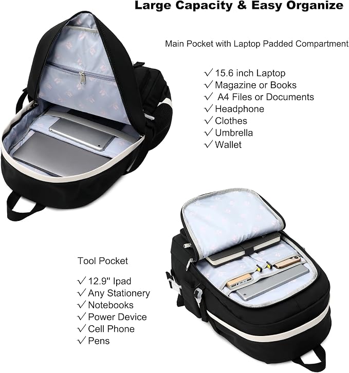 Laptop Backpacks 16 Inch School Bag College Backpack 3 PCS with Lunch Box Pencil Pouch Set Large Travel Daypack Kawaii Bookbags for Teens Girls Women Students (Black) - Image 2