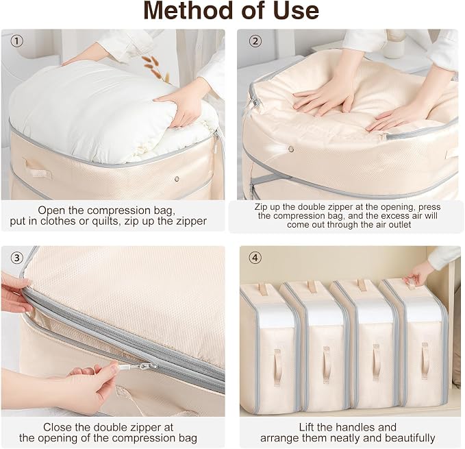 Homsorout 2 Pack Compression Storage Bags - 110L Large Capacity Comforter Storage Bag, 3-Layer Washable Ultra Space Saving Self Compression Organizer Space Bags for Blankets, Sweaters, Sheets, Beige - Image 4