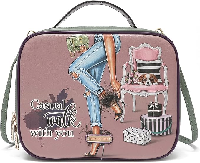 Nicole Lee Travel Handbag Crossbody Set with 3 Fashion Print Makeup Pouches, Women's Cosmetic Toiletry Organizer (Casual Walk) - Image 2