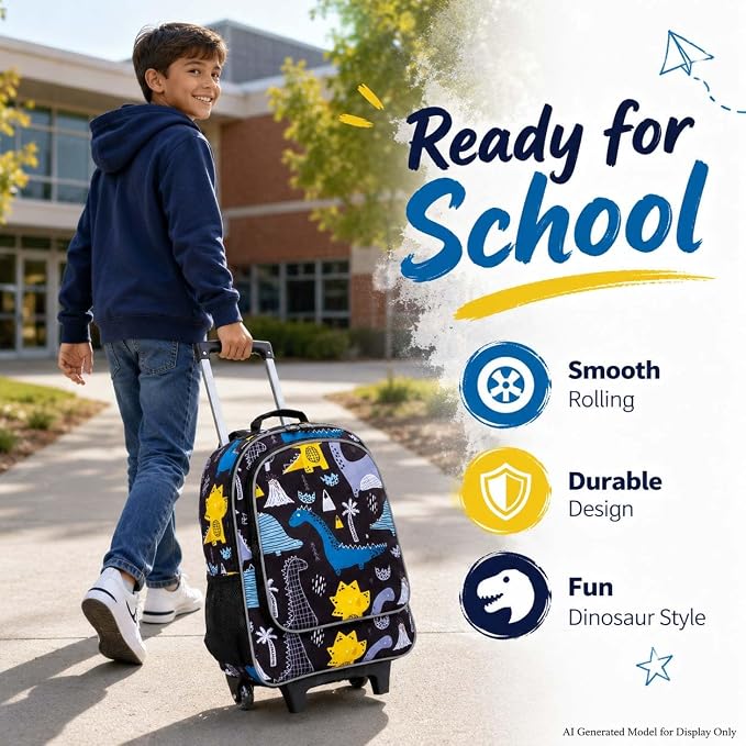AGSDON 3PCS Rolling Backpack for Girls Boys, Kids Roller Wheels Bookbag, Wheeled School Bag with Lunch Bag - Image 2
