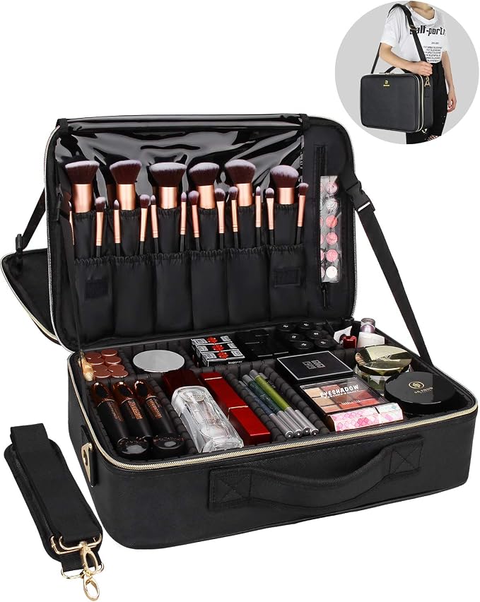 Relavel Makeup Case Large Makeup Bag Professional Train Case 16.5 inches Travel Cosmetic Organizer Brush Holder Waterproof Makeup Artist Storage Box, 3 Layer Large Capacity, with Adjustable Strap - Image 2