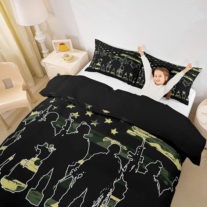 American Flag Duvet Cover Twin for Boy Teen Armygreen Camouflage Bedding Set Adult Men Youth Soldier Silhouettes Comforter Cover Military Style Camo Bedding Collections, 1 Duvet Cover + 1 Pillowcase - Image 4