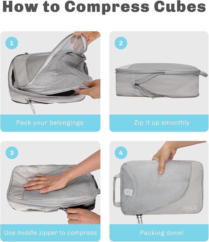 Hynes Eagle 6 Set/ 4 Set/ 2 Set Compression Packing Cubes Travel Essentials Lightweight Nylon Luggage Suitcase Organizer Bag Light Grey 2PCS - Image 6