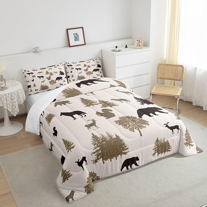 Rustic Bear Comforter Set for Kids Boys Girls Full,Elk Moose Squirrel Wolf Wildlife Printed Bedding Set,Animal Silhouette Farm Style Quilt Set,Grey Woodland Wildlife Duvet Inserti with 2 Pillowcases - Image 5