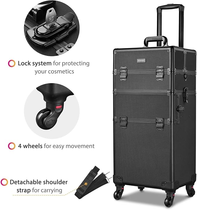 Pro Makeup Rolling Beauty Cosmetic Customizable Train Case Storage Compartment with Wheels and Telescoping Handle and Strap (Black) - Image 5