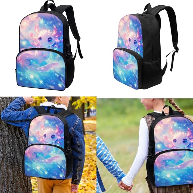 3 Pack School Bag for Boys Pink Axolotl Galaxy Backpack Bookbag with Lunch Box Pencil Case Elementary/Primary/Middle Kids Backpack Daypack Satchel Set - Image 2