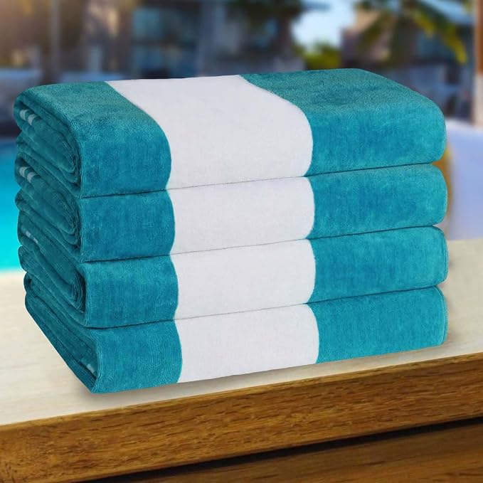 Superior Cotton Striped Beach Towels, Colorful Towels for Adult, Kid, Pool, Swimming, Sand, Travel, Large Oversized, Absorbent, Fast Drying, Bath Basics, Cabana Collection, Set of 4, Turquoise by SUPERIOR