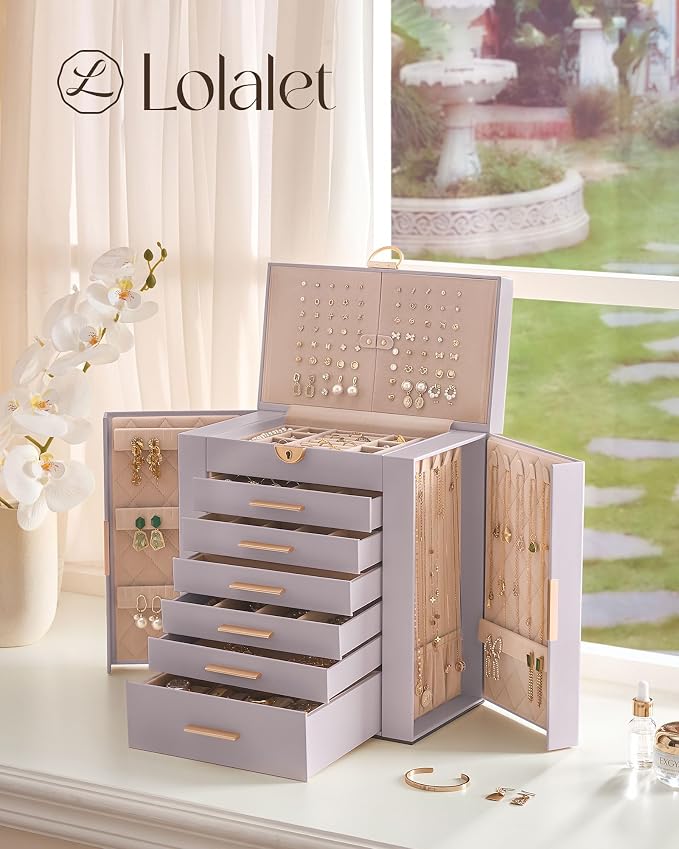 Lolalet Large Jewelry Box Organizer for Women, 7-Layer Jewelry Organizers and Storage Case with Mirror & 6 Drawers, Lockable Watch Ring Earring Bracelet Necklace Holder Girls Gift -7Layer, HazePurple - Image 5