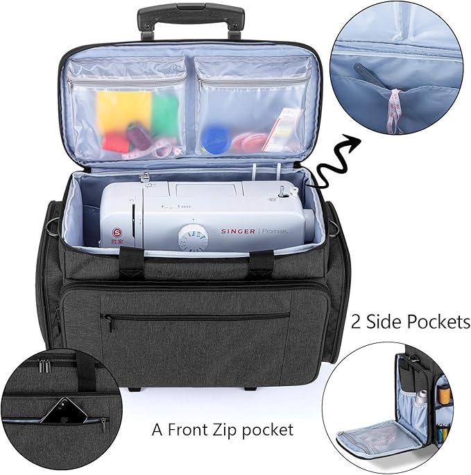 LUXJA Sewing Machine Case with Detachable Dolly, Black | Rolling Tote with Removable Bottom Pad for Most Standard Sewing Machines, Patented Design - Image 3