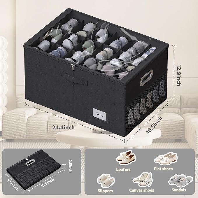 2 Pack Shoe Organizer for Closet Large Shoe Box Storage Containers with Clear Window Space Saving Shoe Bin with Foldable Bottom Support Adjustable Dividers Fits 36 Pairs (Black, (24.4*16.5*13inch)x2) - Image 2