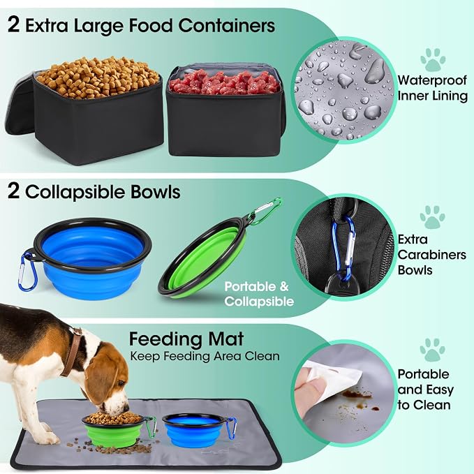 IGOLUMON Dog Travel Bag Large Pet Travel Bags Set for Supplies Weekend Travel Kit Tote Organizer Multi-Pockets Food Travel Bag with 2 Extra Large Food Containers, 2 Dog Bowls, 1 Feeding Mat - Image 7