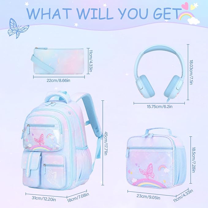 ACESAK Kids Backpack for Girls, Rainbow Backpack Set with Over-ear headphones, Lunch Bag Set for School, Girls Backpack for Elementary Middle school Teen Student(Blue) - Image 2