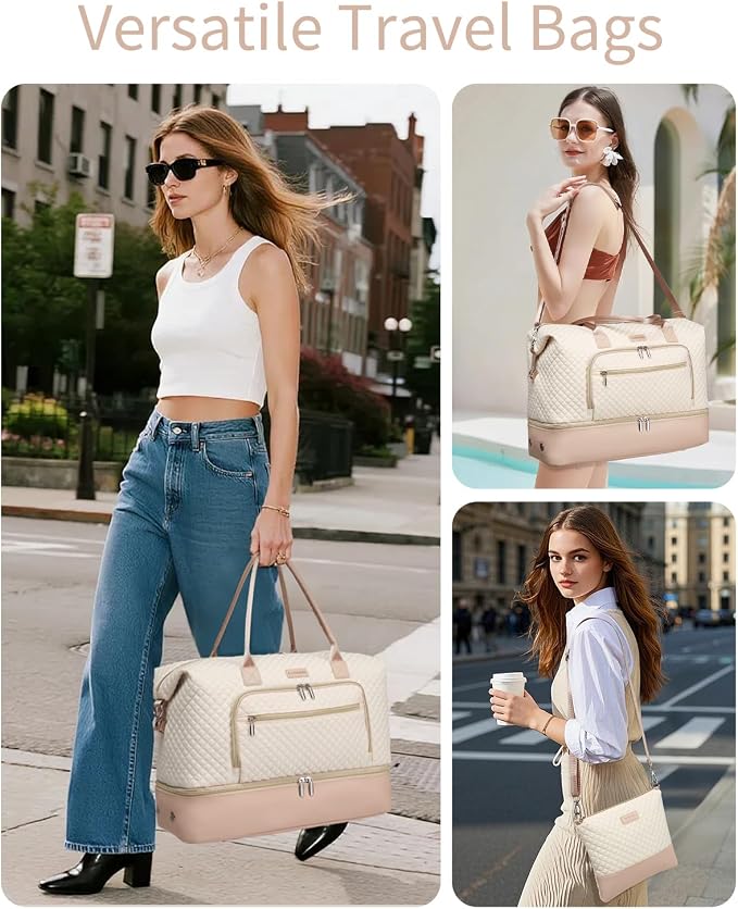 Weekender Bags for Women, Travel Duffle Bag Carry On Overnight Bag with Cosmetics Bag and Crossbody Purse for Gym Hospital, Gifts for Women, Beige Pink - Image 2