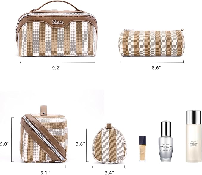 BOYATU Travel Makeup Bag for Women: Large Cosmetic Bag Set of 3 - PU Leather Make up Bag with Compartments - Compact Waterproof Toiletry Bag with Divider & Handle (B-5-Brown) - Image 3