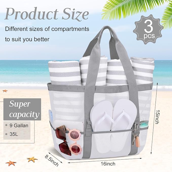 Hillban Large Beach Mesh Bags Bulk for Women Beach Tote Bag with 8 Pocket Zipper Waterproof Sandproof for Pool Cruise Ship - Image 3