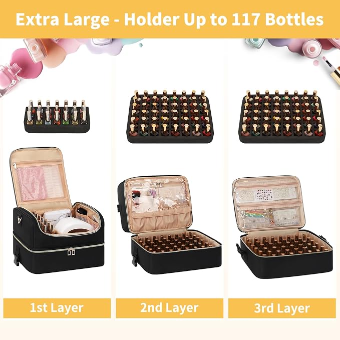 Extra Large Nail Polish Organizer Holds 117 Bottles - Three Layer Nail Organizers And Storage Bag, Portable Nail Supplies Organizer Case, Nail Tech Kit Travel Carrying Box with Shoulder Strap - Image 3