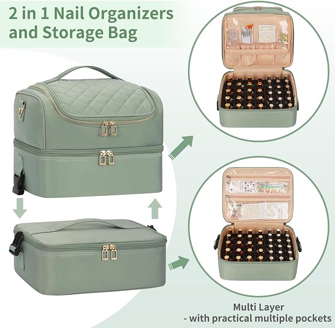 Extra Large Nail Polish Organizer - Three Layer Nail Organizers And Storage Bag, Portable Nail Supplies Organizer Case, Nail Tech Kit Travel Carrying Box with Shoulder Strap (Green, 86 Slots) - Image 5