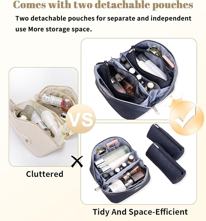 BOYATU Travel Makeup Bags Cosmetic Organizer Bag: 3 Pcs Set Large Capacity Make up Bag with Compartments - Waterproof Leather Toiletry Bags with Handle for Women (A-Dard Blue) - Image 4