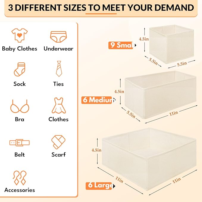 FANS-ONE Drawer Organizer Clothes - 21 Pack 3 Size, Light Beige | Foldable, Dresser Organizer for Baby Clothes, Underwear, Socks, Storage Bins for Nursery, Bedroom - Image 2