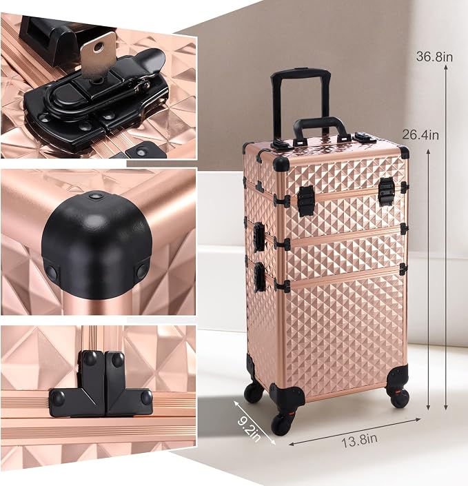 3 in 1 Professional Rolling Makeup Train Case Aluminum Trolley Case with 360° Rotation Wheels for Makuep Artist Cosmetic Suitcase Organizer with Lock and Key Diamond Pattern - Rose Gold - Image 5