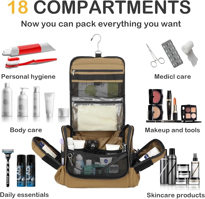 Tactical Toiletry Bag for Men - Hanging Dropp Kit Mens Toiletry Travel Bag for Toiletries, Traveling & Shaving Kit, Portable Hygiene Bag Shower Bathroom Organizer with Handle & Hook, Brown - Image 4