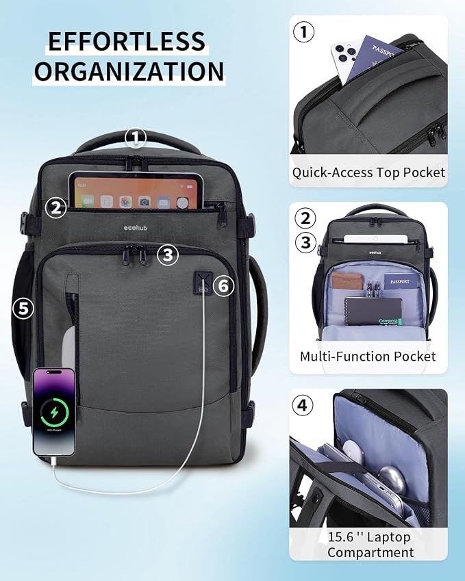 ECOHUB 19" Large Travel Backpack, Carry on Luggage Airline Approved, Water Resistant Rucksacks Fit 15.6" Laptop, AirTag Pocket, Lightweight Casual Daypack, 34L, Dark Grey - Image 5
