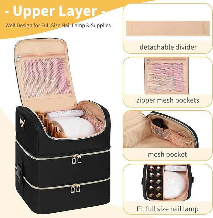 Nail Polish Organizer & Tattoo Travel Case - 3-Layer Nail Organizers and Storage Bag Holds 86-100+ Bottles, Portable Nail Supplies Organizer, Nail Tech Kit Box, Multi-Functional Cosmetic Case - Image 4
