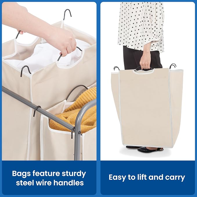 STORAGE MANIAC Laundry Sorter 2 Section, 90 L Gal Laundry Hamper with Wheels, Clothes Basket Separator Sorter, 2 Bag Cart and Removable Bags for Closet, Dorm, Collage, Beige - Image 5