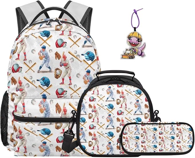 Vintage Baseball Player Backpack & Lunch Box 4-in-1 Set, School Bag with Pencil Case & Dinosaur Charm 17 Inch Backpack for School Sports Team Large Capacity Bookbag for Girls 6th 7th Grade by Dremagia