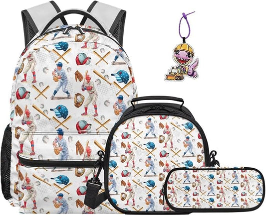 Vintage Baseball Player Backpack & Lunch Box 4-in-1 Set, School Bag with Pencil Case & Dinosaur Charm 17 Inch Backpack for School Sports Team Large Capacity Bookbag for Girls 6th 7th Grade by Dremagia