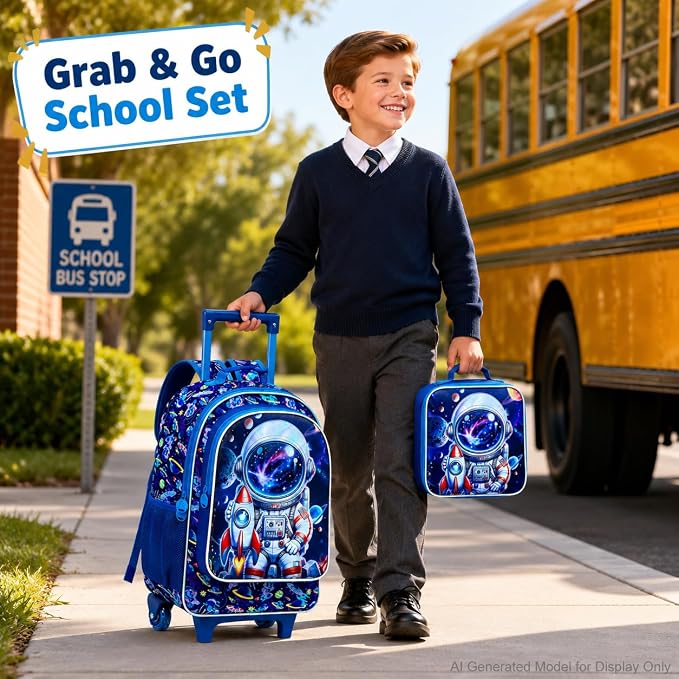 AGSDON 3PCS Rolling Backpack for Girls Boys, Kids Roller Wheels Bookbag, Wheeled School Bag with Lunch Bag - Image 7