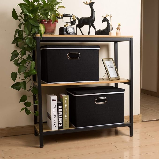 PRANDOM Large Foldable Storage Boxes with Lids [3-Pack] Fabric Collapsible Storage Bins Organizer Containers Baskets Cube with Cover for Home Bedroom Closet Office Nursery Black(17.7x11.8x11.8) - Image 3