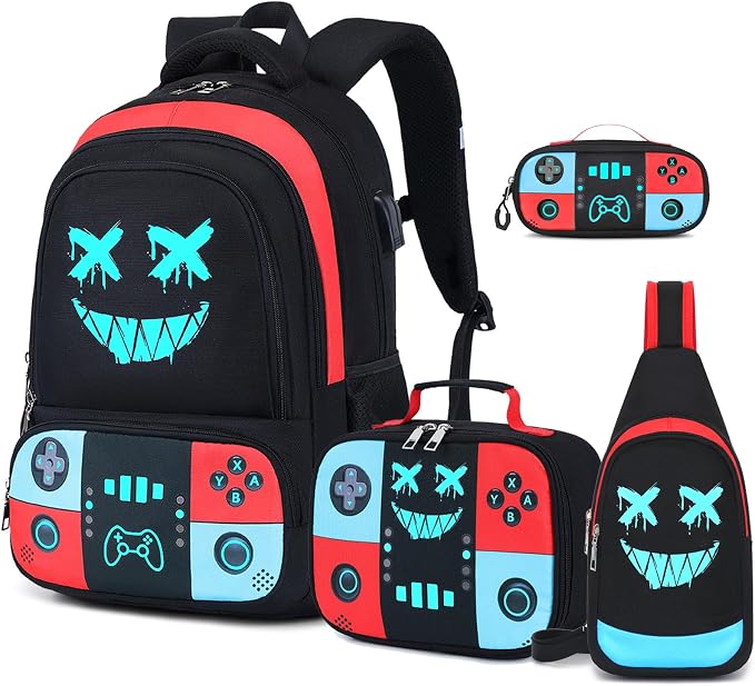 Bevalsa Backpack for School Boys, Cool Luminous Gamer Boys Schoolbag with Sling Bag,Lunch Box & Pencil Case for Kids Children Teens Elementary Middle School(Red Blue Smile Backpack with Shoulder Bag) by Bevalsa