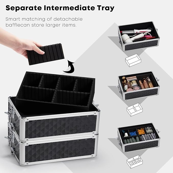 Faquenc Rolling Makeup Case with Wheels Professional 4 in 1 Cosmetic Train Case and Cosmetology Cart Trunk for Makeup Artists Hairstylists Nail Techs and Salons Large Storage Capacity, Black - Image 4