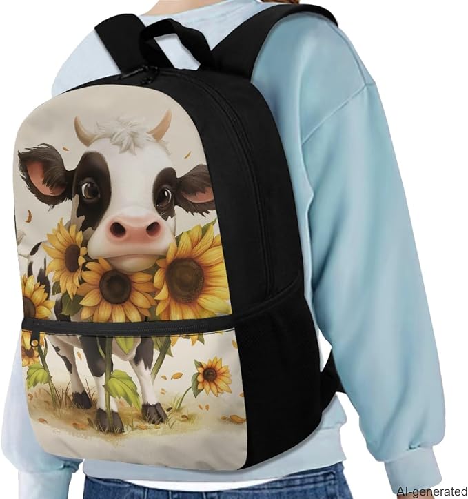 Kawaii Cow Backpack with Lunch Bag for Girls Teens Sunflowers Print Backpack for School with Lunchbox Cute Pencil Case and Water Bottle Cover for Students - Image 2