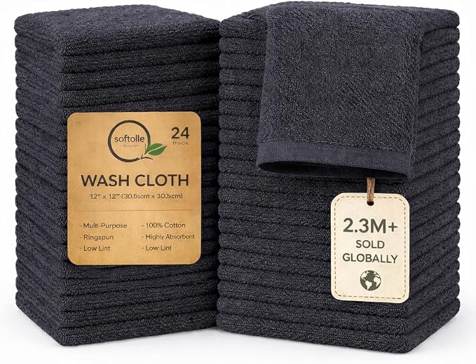 100% Cotton Washcloths 24 Pack (12x12 Inches) Soft, Highly Absorbent Washcloth, Face Towels, Wash Cloths for Face, Ring Spun, Bulk Pack (Grey) by Softolle