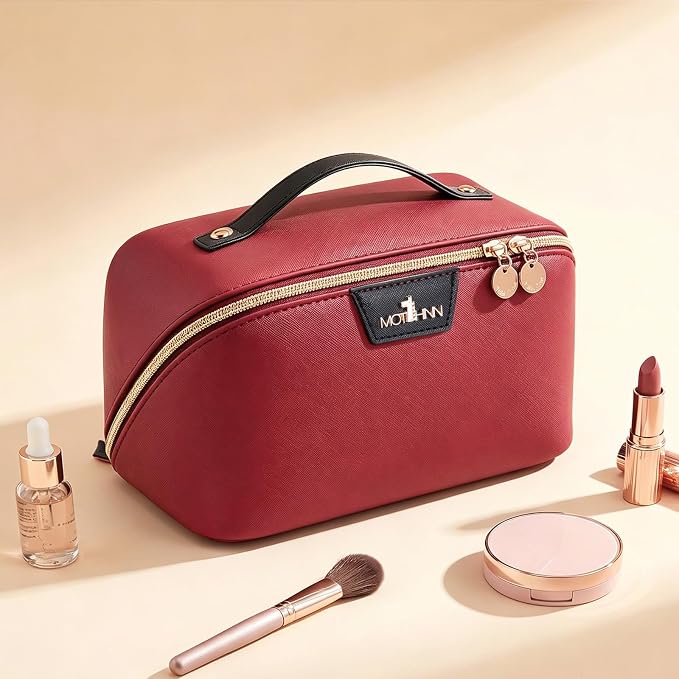 Travel Makeup Bag for Women: 3-in-1 Large Capacity Cosmetics Organizer with 2 Detachable Pouch - Vegan Leather Flat Open Toiletry Bag - Portable Travel Essentials for Full-Sized Bottles(Red) - Image 8