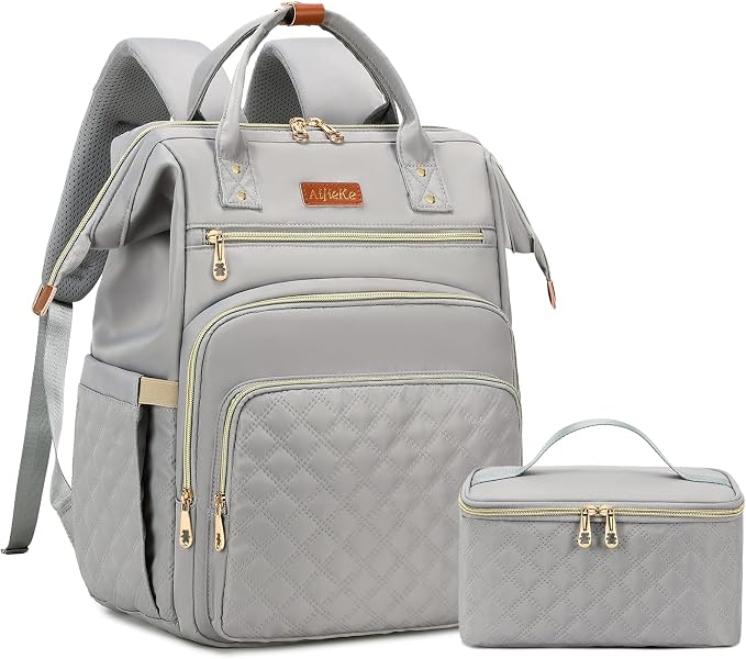 AIJIEKE Lunch Backpack for Women, 15.6 Laptop Backpack, Lunch Box, Gray | Water resistant computer bag with insulated leakproof cooler. Travel meal prep backpack for nurse, teacher, college commute by AIJIEKEDirect