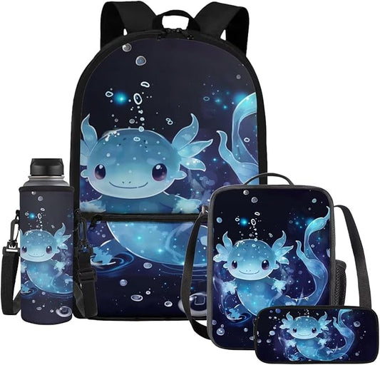 Axolotl Backpack with Lunchbox and Pencil Case Water Bottle Holder Cute School Backpack for Girls 6-8 Lunch Box, Large Capacity 17 Inch First Grade Bookbag Lunchbag, 4-in-1 by Dremagia