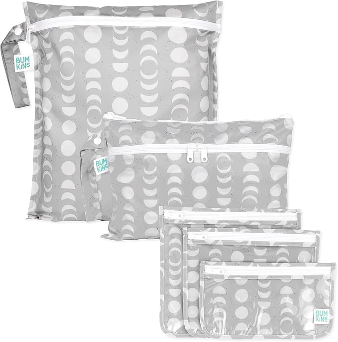 Bumkins - Waterproof Wet Bag, Wet/Dry Clutch & Clear Travel Bags - For Beach, Baby, Travel, Cloth Diapers, Pump Parts, Pool, Gym, Toiletries - Reusable & Easy to Clean - Lunar Gray - 5 Pack by Bumkins